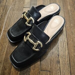 Black Leather Mules with Gold Accents